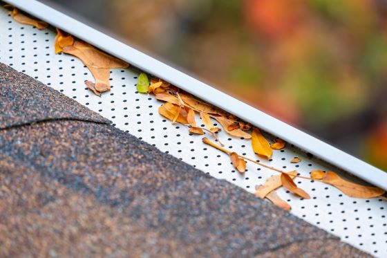 Close view of gutter using Leaf Relief gutter guard to stop leafs